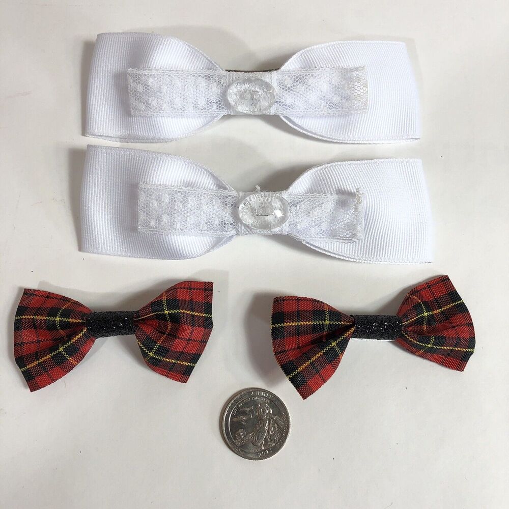 Hair Clip Barrette Lot Ribbon Bow - White and Red Plaid - Trendy New Coquette